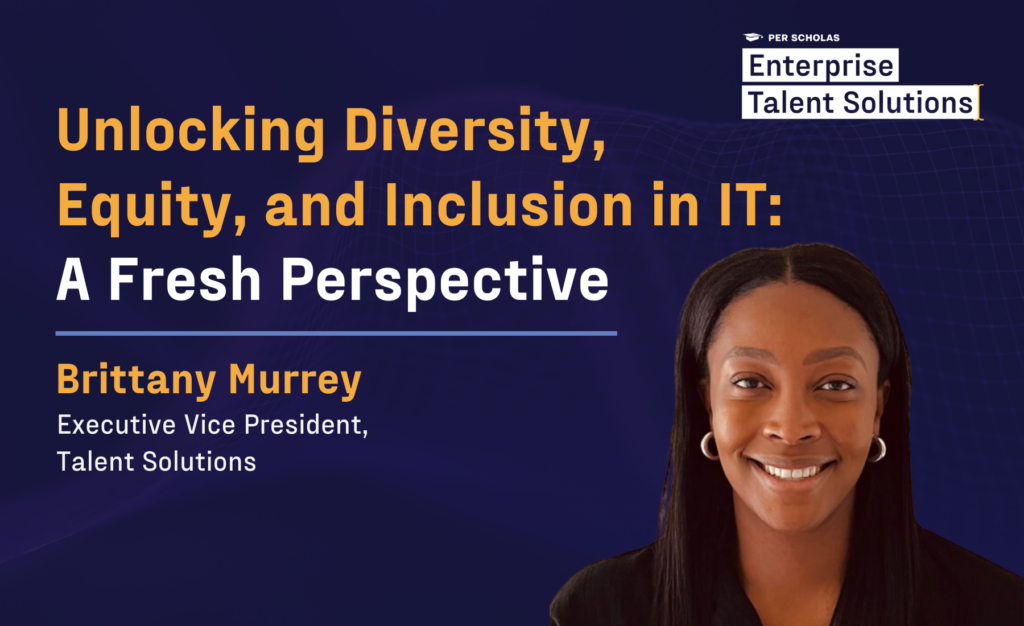 A smiling black woman stands in front of a blue background with text that reads: "Unlocking Diversity, Equity, and Inclusion in IT: A Fresh Perspective"