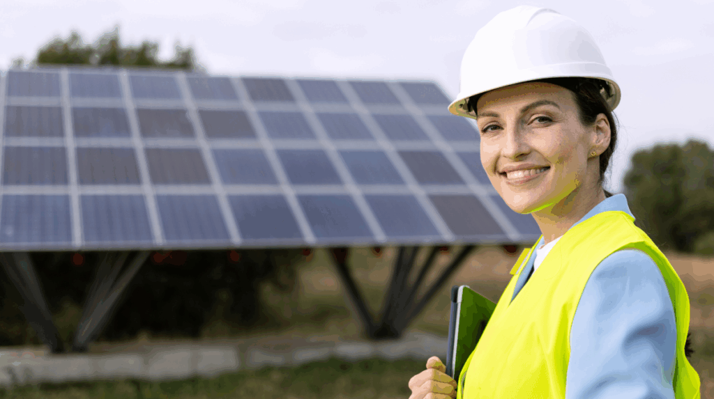 a woman in a hard hat stands in front of a solar panel