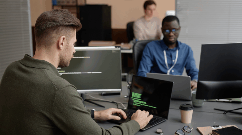 Three technologists working on cybersecurity code and network monitoring systems in an office