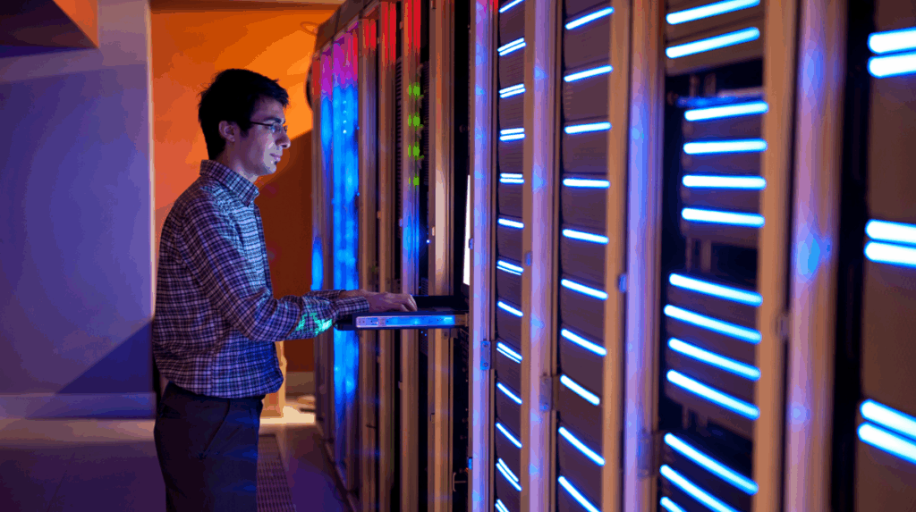 a man stands in front of a several sever towers, typing on a keyboard