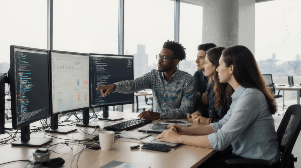 a group of four diverse indivduals gather around a desk and look together at a computer screen