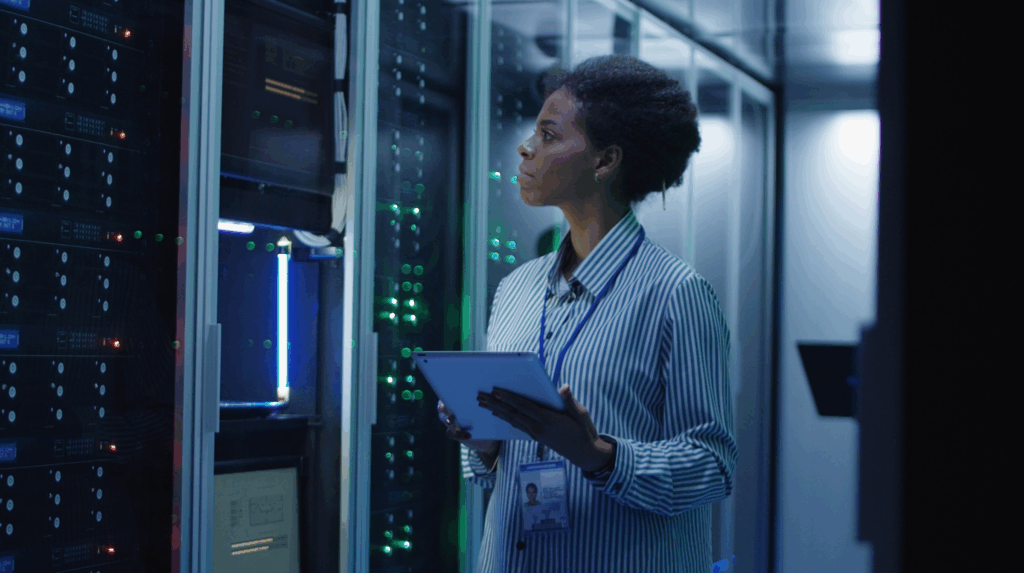 IT professional inspecting server racks in a data center while reviewing system information on a tablet