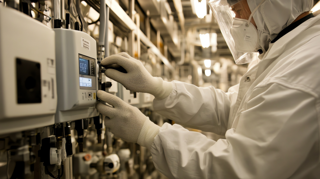 Manufacturing technician monitoring equipment inside an advanced facility
