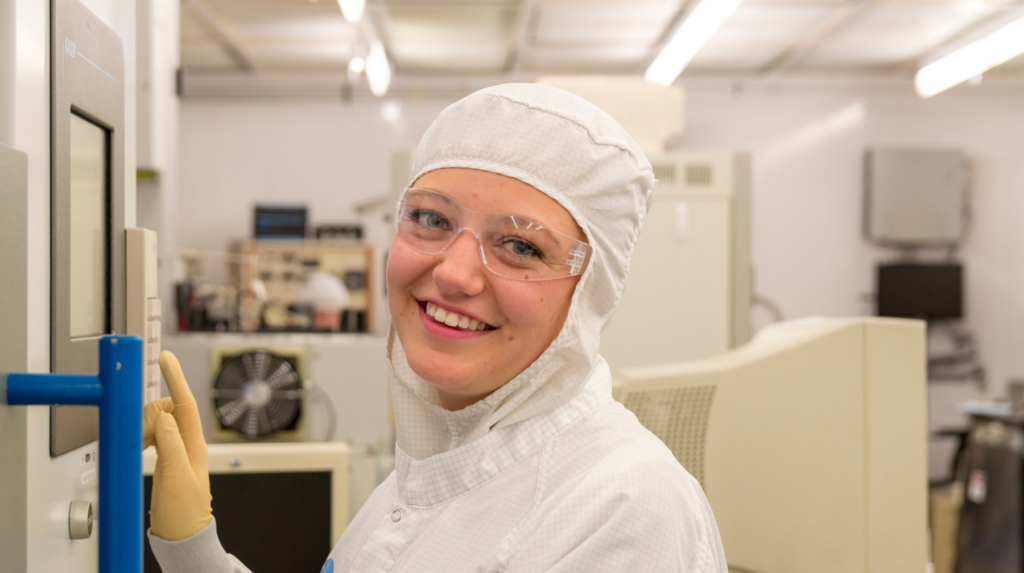 Young Woman in a Clean Suit Working in a Semiconductor Manufacturing Environment or Cleanroom